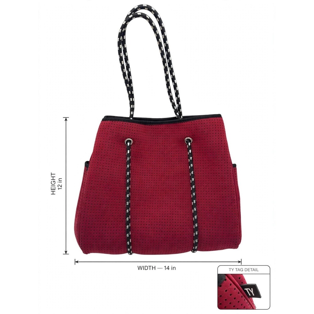 TY Neoprene Tote - Burgundy Perforated Escape Style Tote - Rope Handles W/ Pouch